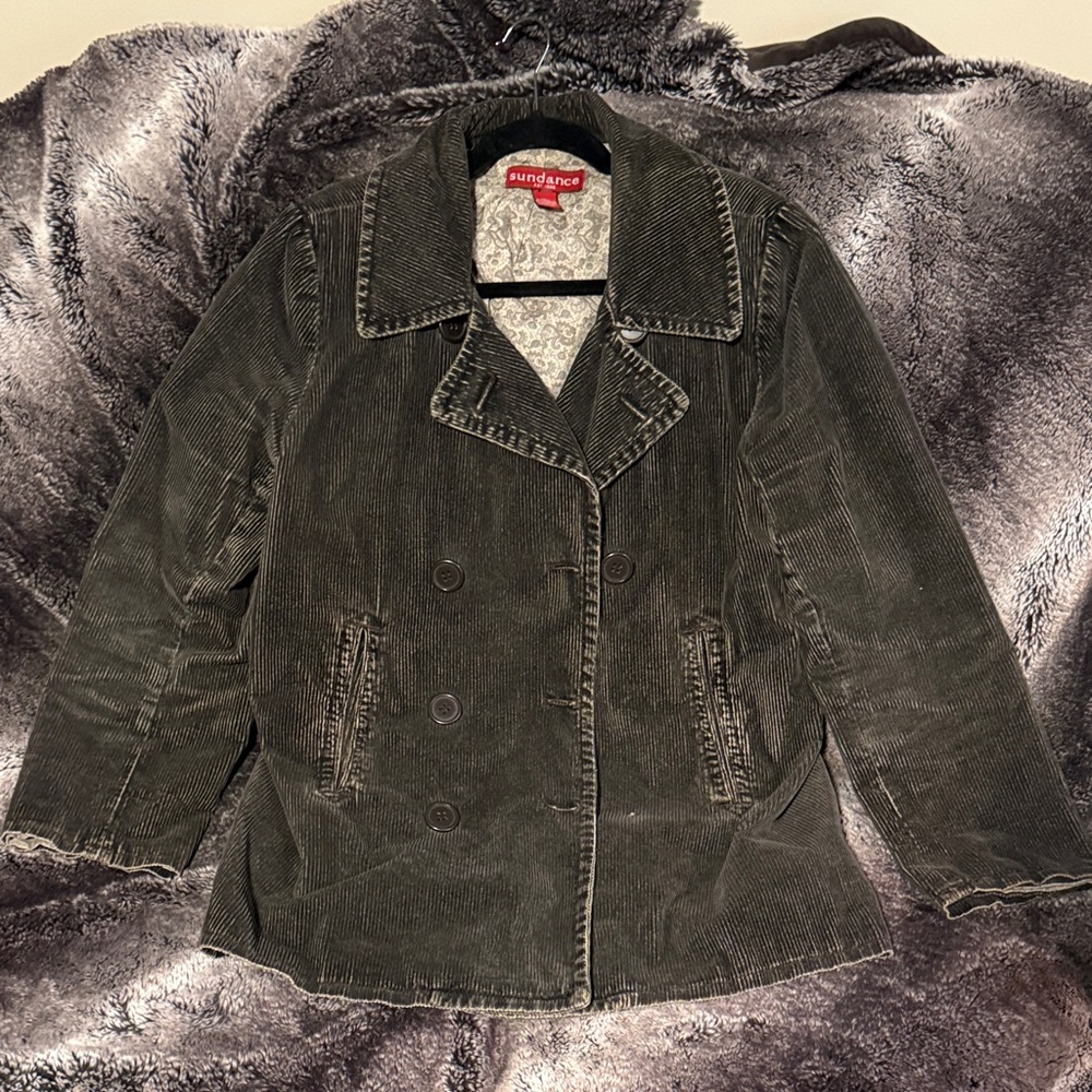 Sundance Gray Distressed Corduroy Double-Breasted Pea Coat